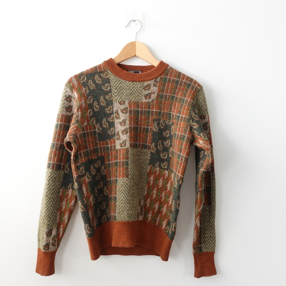 VTG DAKS London Sweater Small Brown Patchwork Jumper Check Houndstooth Slim 90s